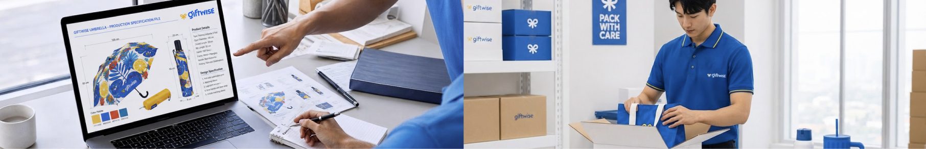 Giftwise ควบคุมงานตั้งแต่ Artwork ถึง Delivery — ออกแบบ ผลิต แพ็ก และจัดส่ง